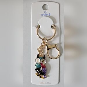 Mint Rhinestone Multi Color Owl Bag Charm Keychain w/ Gold Tone Hardware